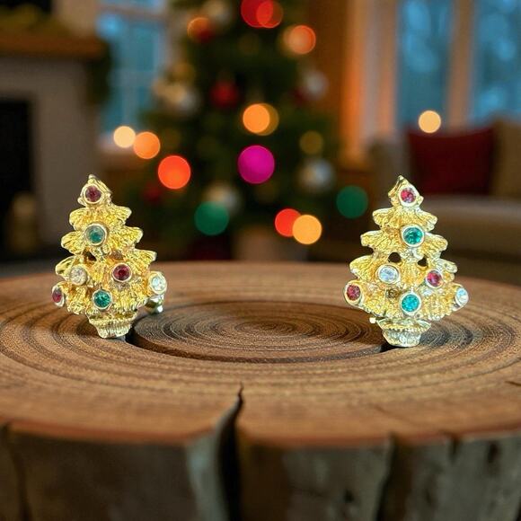 Vintage Christmas Tree Pierced Earrings With Rhinestones Gold Tone - Picture 7 of 7